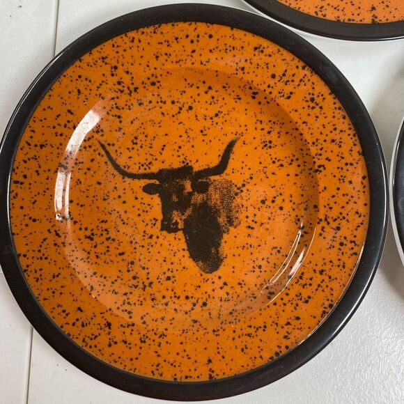 EUC World Stockyard Orange Speckled Plates Longhorn Steer Design Set of 3 Plates - Picture 2 of 3